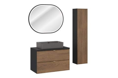 Zestaw meblowy 80cm z blatem, umywalką nablatową Trust, szafką wysoką i lustrem LED