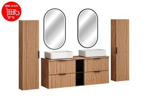 Zestaw meblowy 140cm z blatem, dwoma umywalkami nablatowymi Magic, szafkami wysokimi i lustrem LED