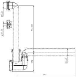 Syfon do skroplin poziomy DN40x5/4'' z zamknięciem wodnym, blokadą zapachów i rewizją