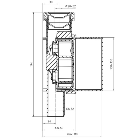 Syfon podtynkowy do skroplin DN32 z blokadą zapachów, rewizją i płytką do zabudowy